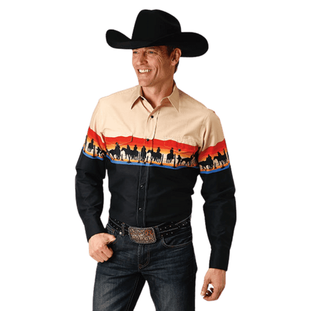Roper Men's Vintage Cowboy Border Print Long Sleeve Western Snap Shirt  03-001-0421-0612 BL