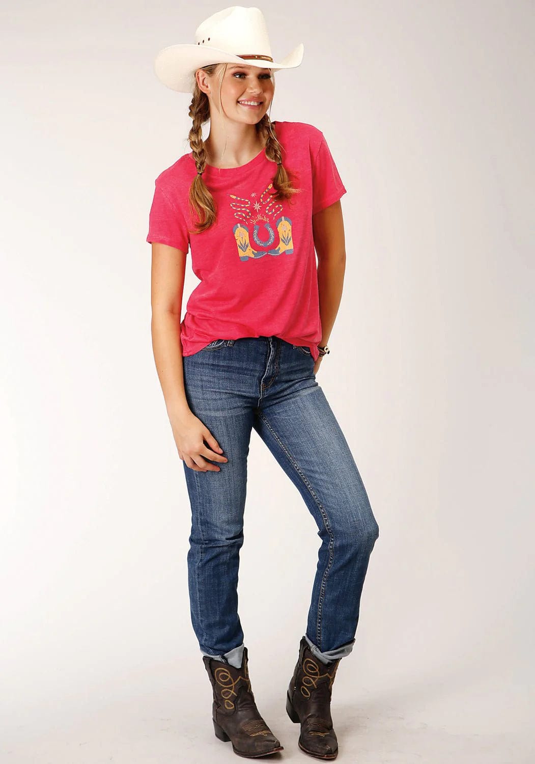 Roper Women s Horseshoe Boots Pink Short Sleeve graphic T Shirt 03 039 Russell s Western Wear Inc
