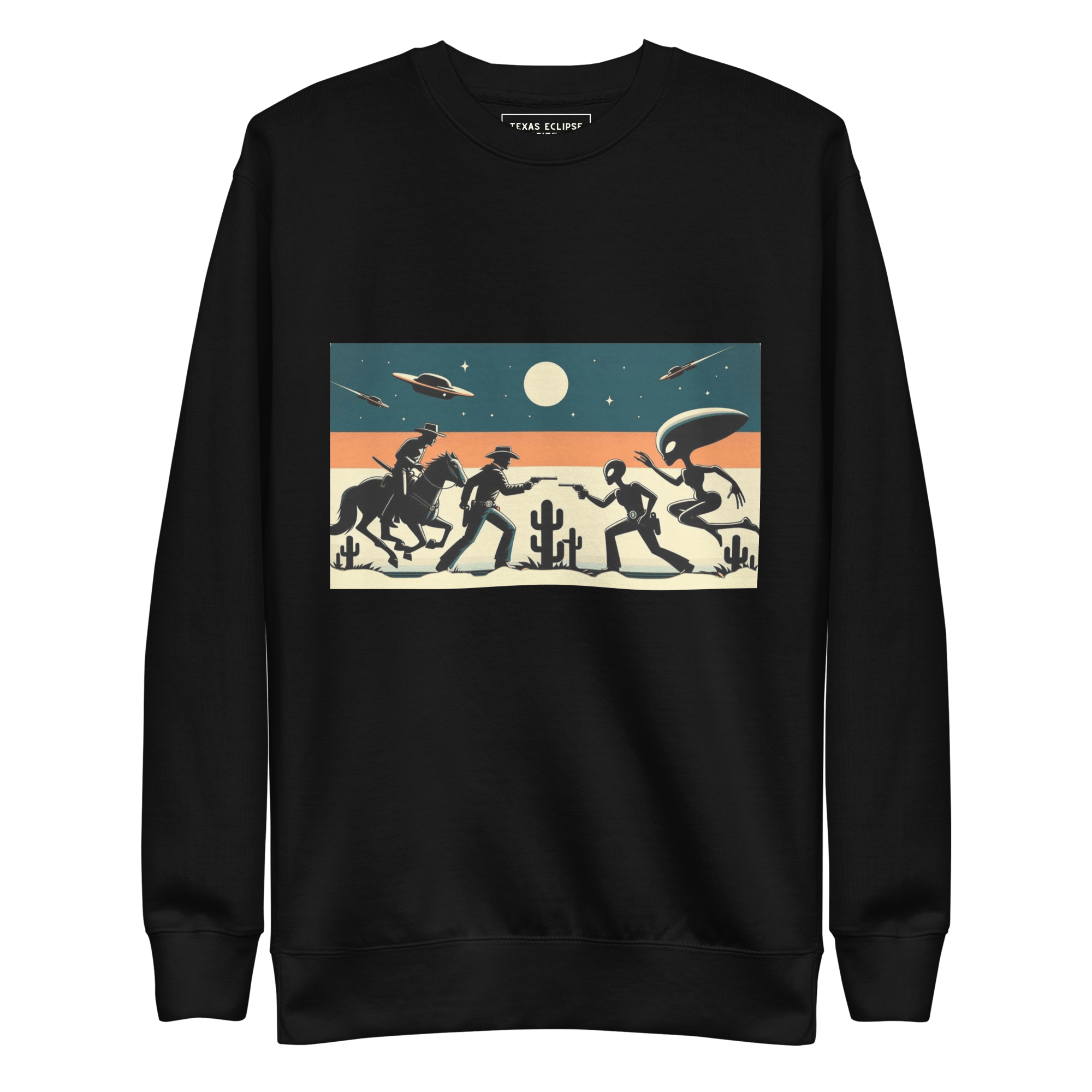 Texas Eclipse Outfitters Outerwear S Dueling Cowboys vs Aliens Graphic Sweatshirt