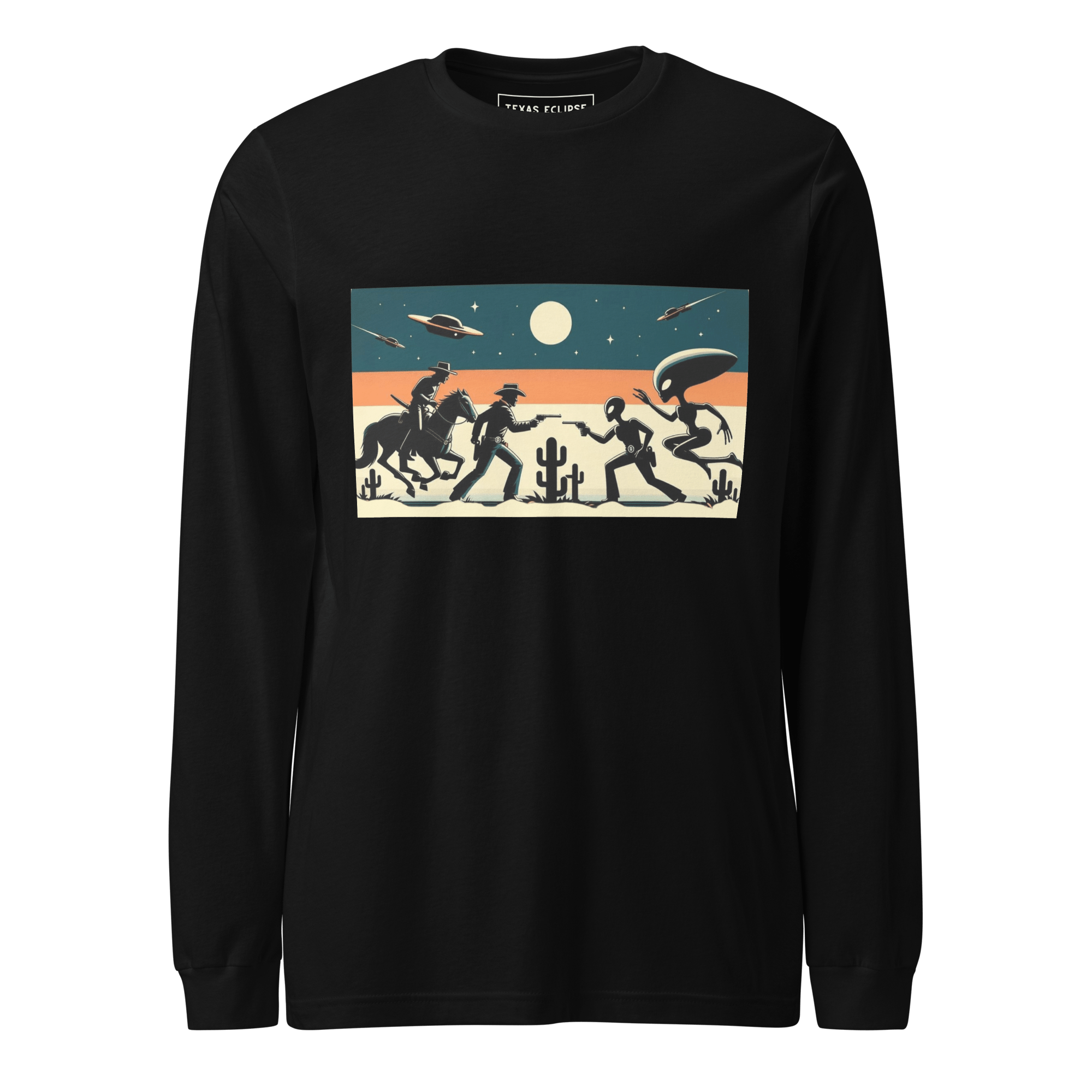 Texas Eclipse Outfitters Shirts XS Dueling Cowboys vs Aliens Long Sleeve Graphic Tee