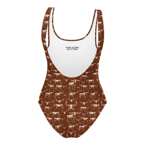 Texas Eclipse Outfitters Wild Steer: Fiery Longhorn One-Piece Swimsuit