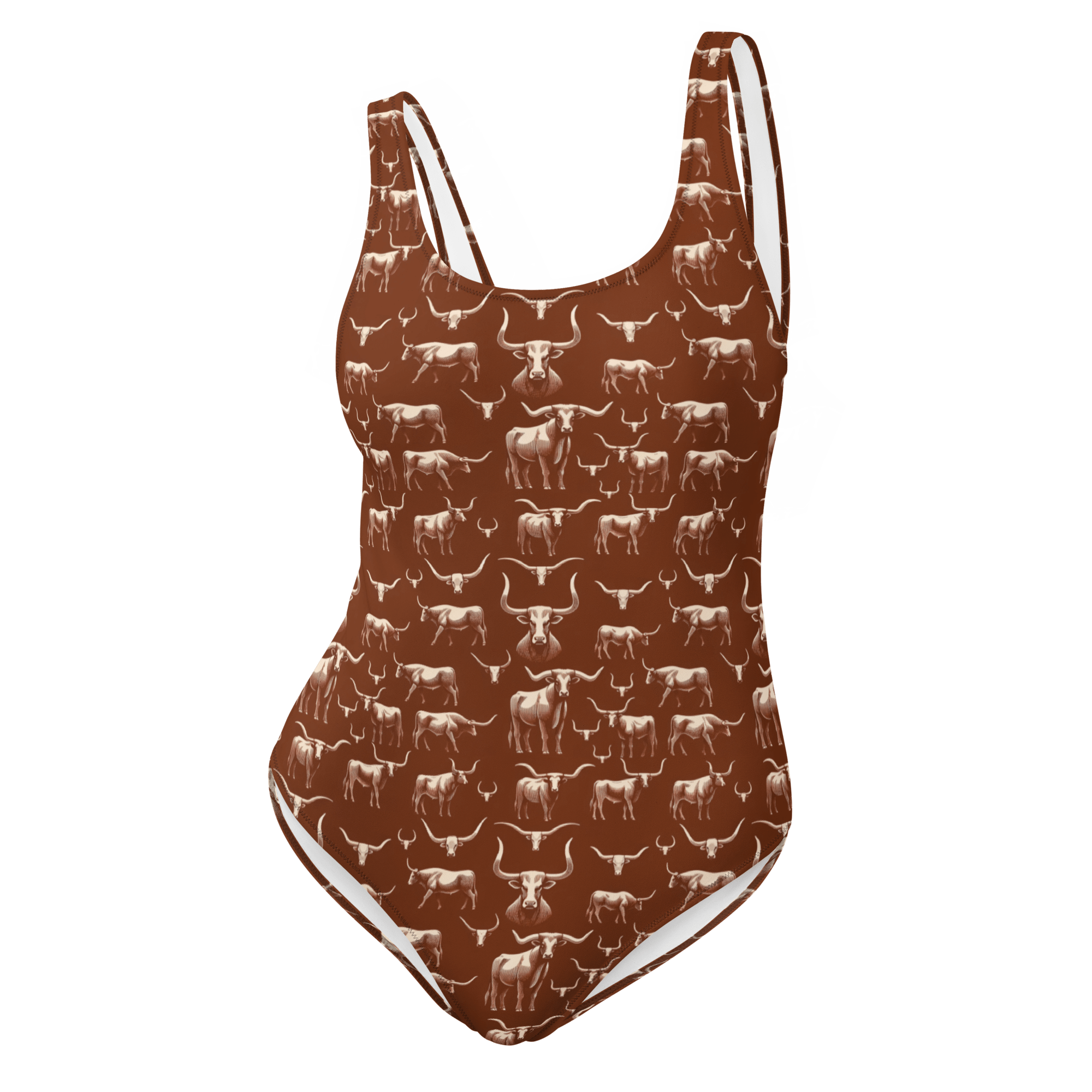 Texas Eclipse Outfitters XS Wild Steer: Fiery Longhorn One-Piece Swimsuit