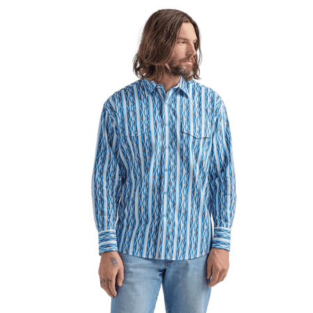 Wrangler Men's Checotah Blue Long Sleeve Western Printed Shirt 