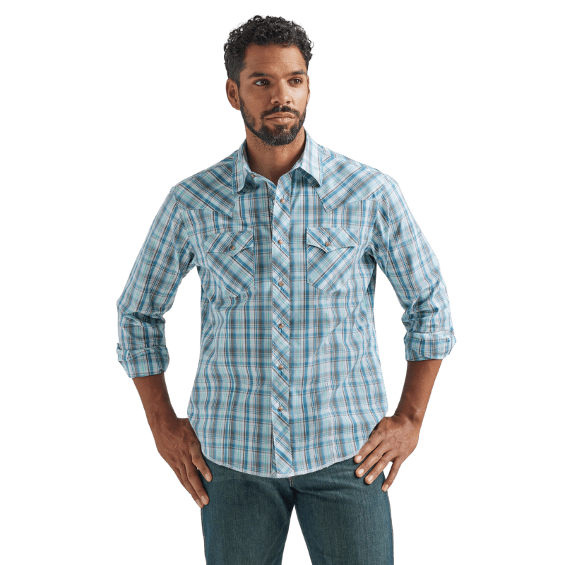 Wrangler Men's Wrinkle Resist Blue Plaid Long Sleeve Western Snap Shirt  112324667