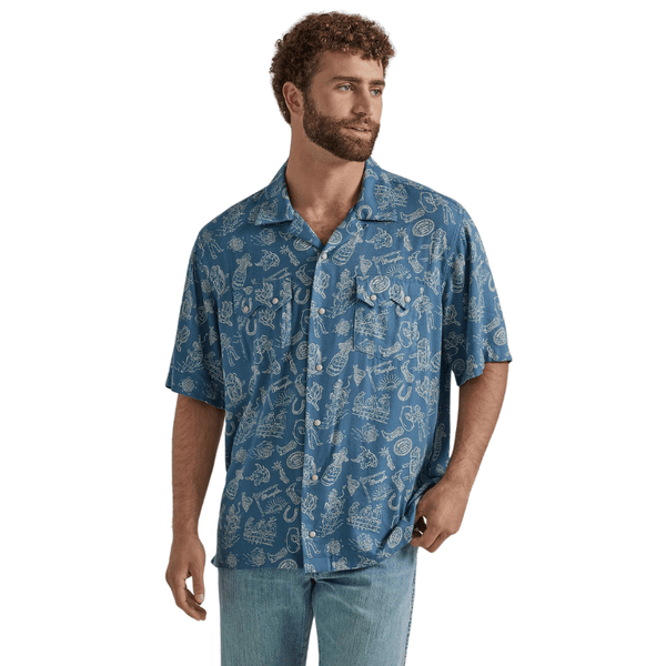 Wrangler Men's Coconut Cowboy Navy Short Sleeve Western Snap Shirt 112346493