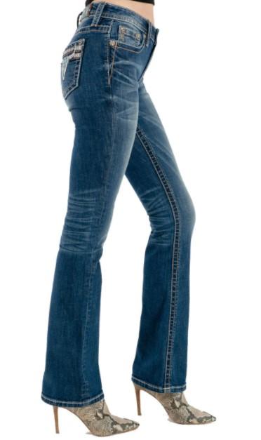 Miss Me Women's Mid-Rise Bootcut Jeans with Feather Long Horn on
