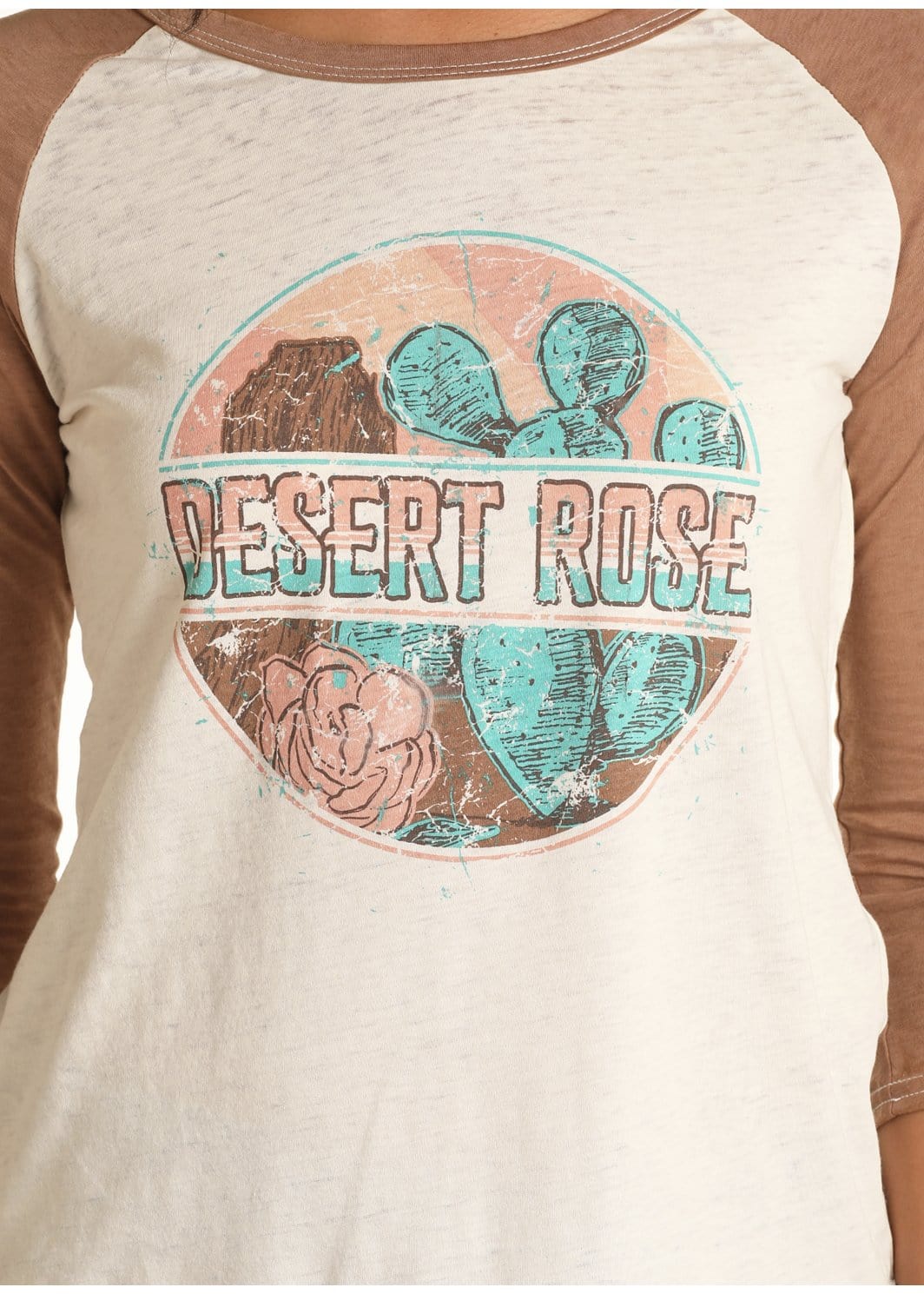 Rock & Roll Cowgirl Women\'s Desert Russell\'s T-Shirt Wear, - Baseball Rose Western 48T1180