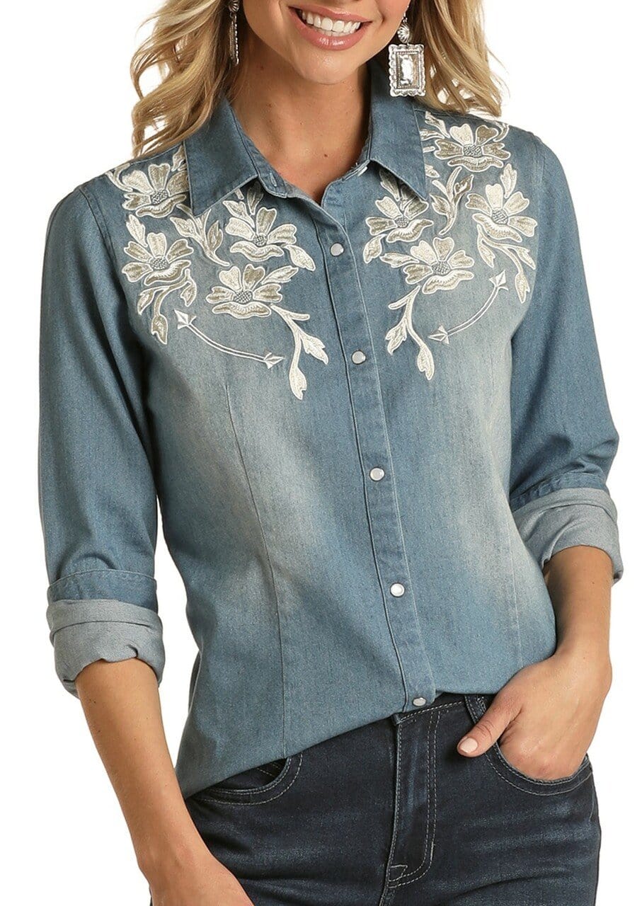 Buy 90's Ladies Light Blue Embellished Denim Shirt Embroidered Jean Top  Small Medium Online in India - Etsy