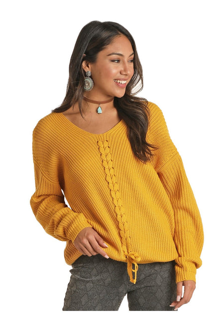 Rock & Roll Cowgirl Women's Lace Front Yellow Sweater 46-1155