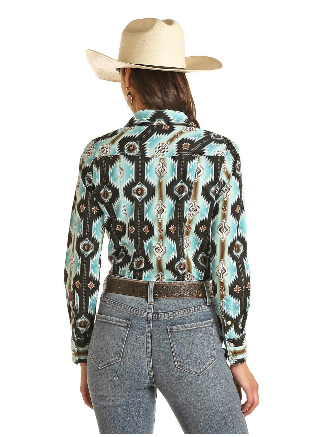 Womens Aztec Pearl Snap Shirts Rodeo Western Show Tops Lapel Button Up  Blouse Long Sleeve Cowgirl Tunic
