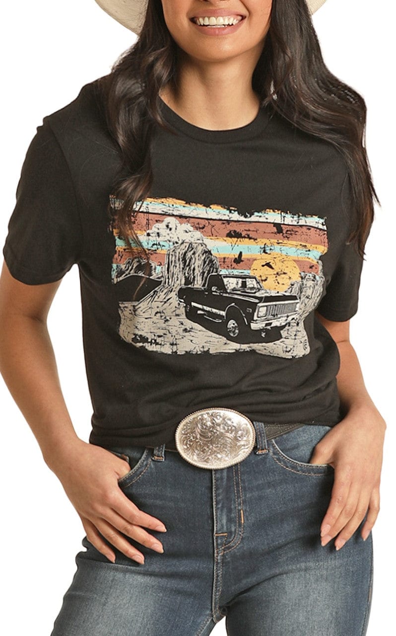 Rock & Roll Cowgirl Women's Black Car and Desert Graphic Tee