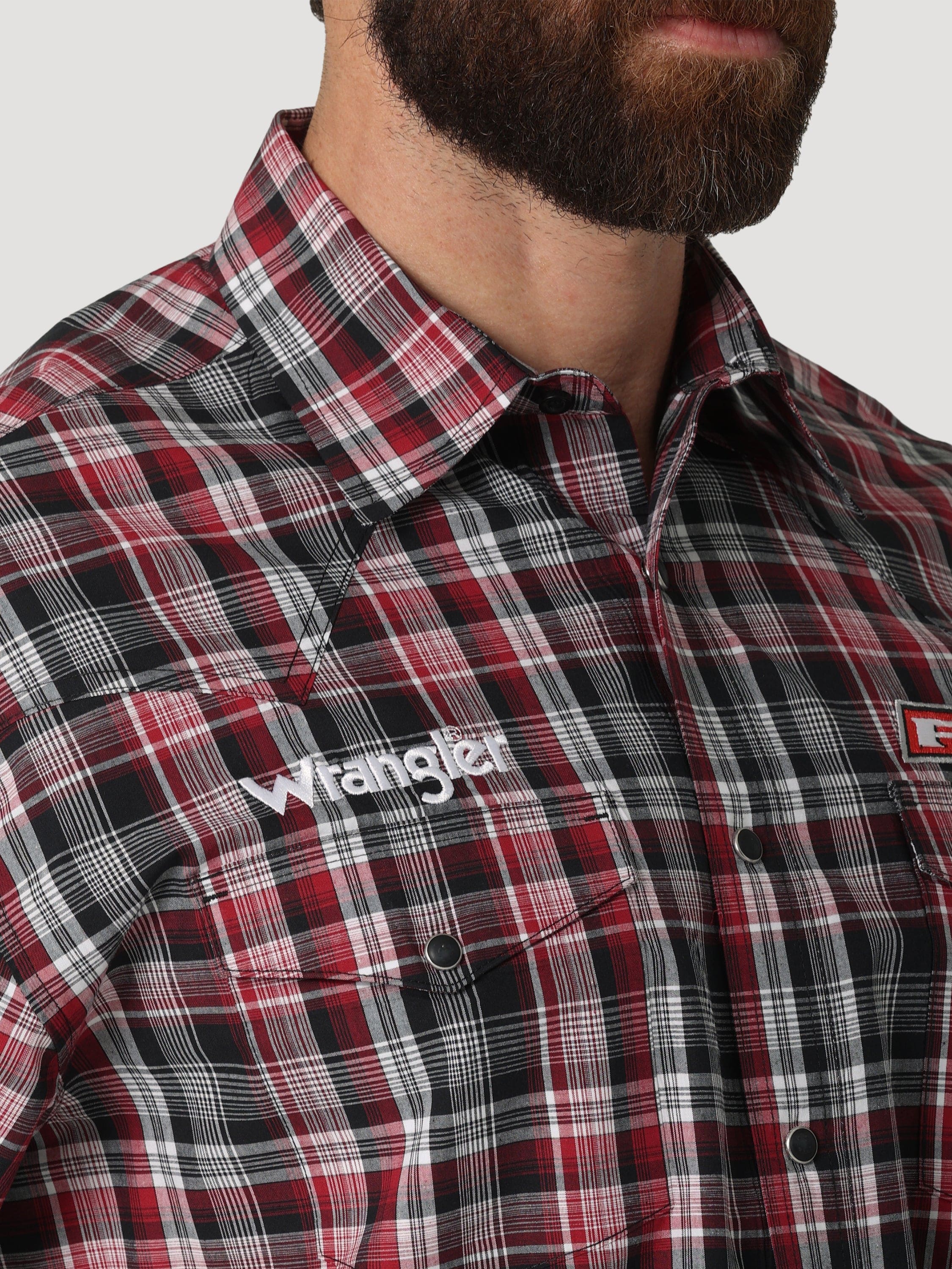 Men's Wrangler PBR® Logo Long Sleeve Plaid Western Snap Shirt In Grey Red
