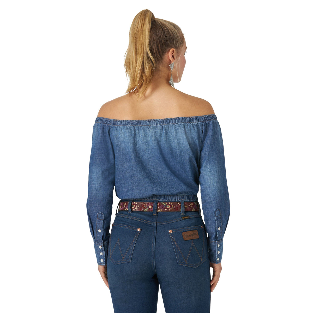 Off the shoulder blue jean shirt new arrivals